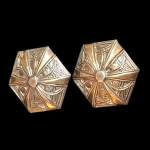💍Art Nouveau / Deco Large Hexagon Gold Tone or Brass Clip On Earrings